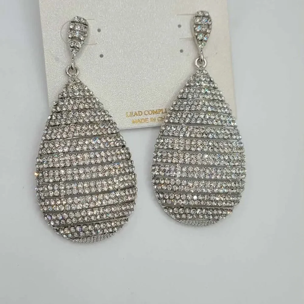 Natasha Large Long Silver Tone Crystal Earrings NWT!